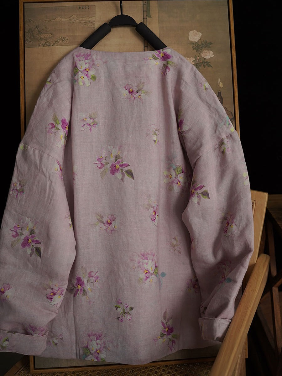 Linen Cotton Women Quilted Chinese Pullover with Vintage Floral Print and Traditional Chinese Buttons 251117w 210018