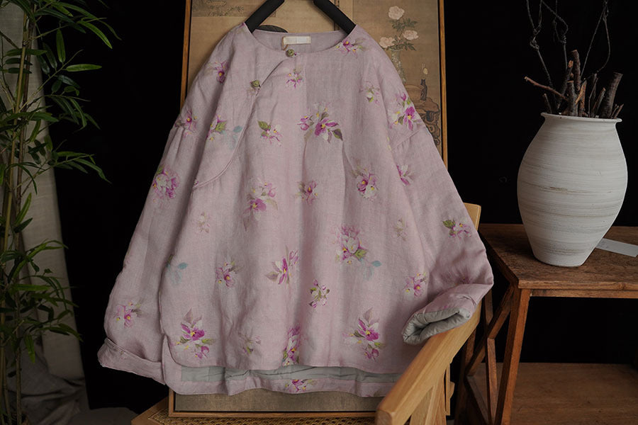Linen Cotton Women Quilted Chinese Pullover with Vintage Floral Print and Traditional Chinese Buttons 251117w 210018
