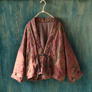 Linen Cotton Women Quilted Chinese Jacket with Vintage Print and Traditional Chinese Buttons 231920t