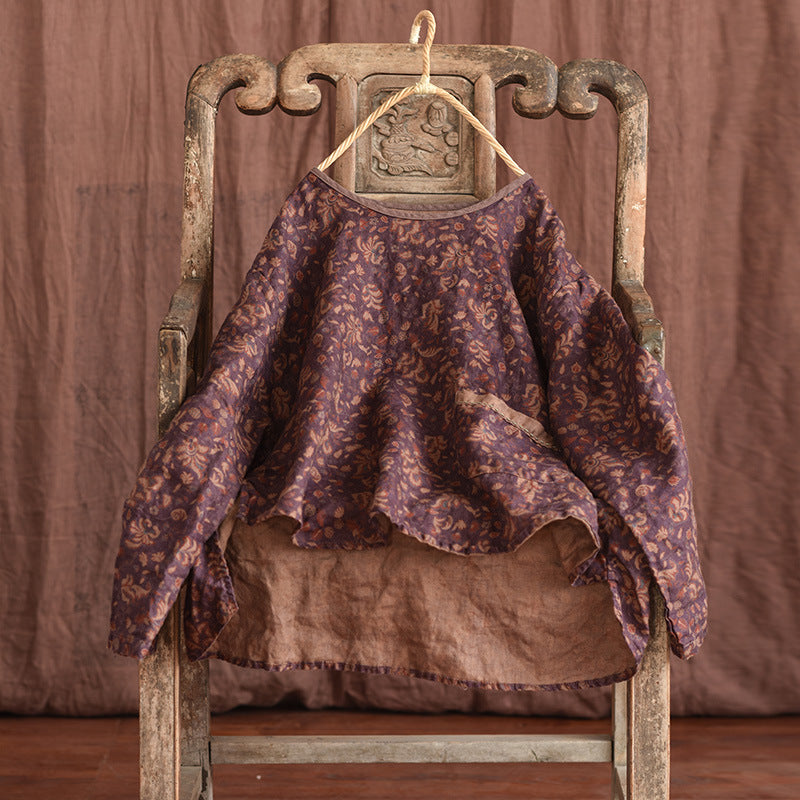 100% Linen Asymmetrical Women Shirt with High-low Hem & Vintage Print 250712s