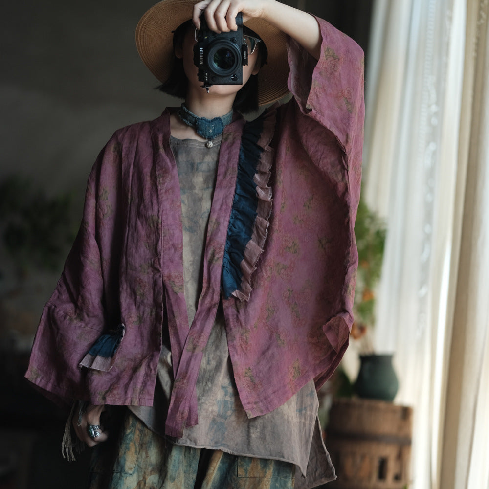 100% Linen Women Blouse with Ruffle Details, Linen women blouse 250404s 2367