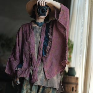 100% Linen Women Blouse with Ruffle Details, Linen women blouse 250404s 2367