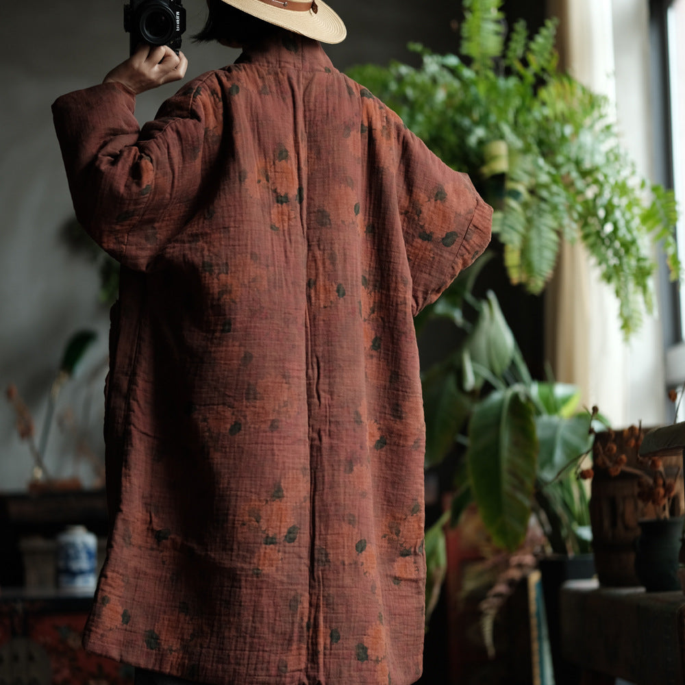 100% Cotton Women Quilted Chinese Long Coat Jacket with Traditional Buttons and Vintage Print 250209w