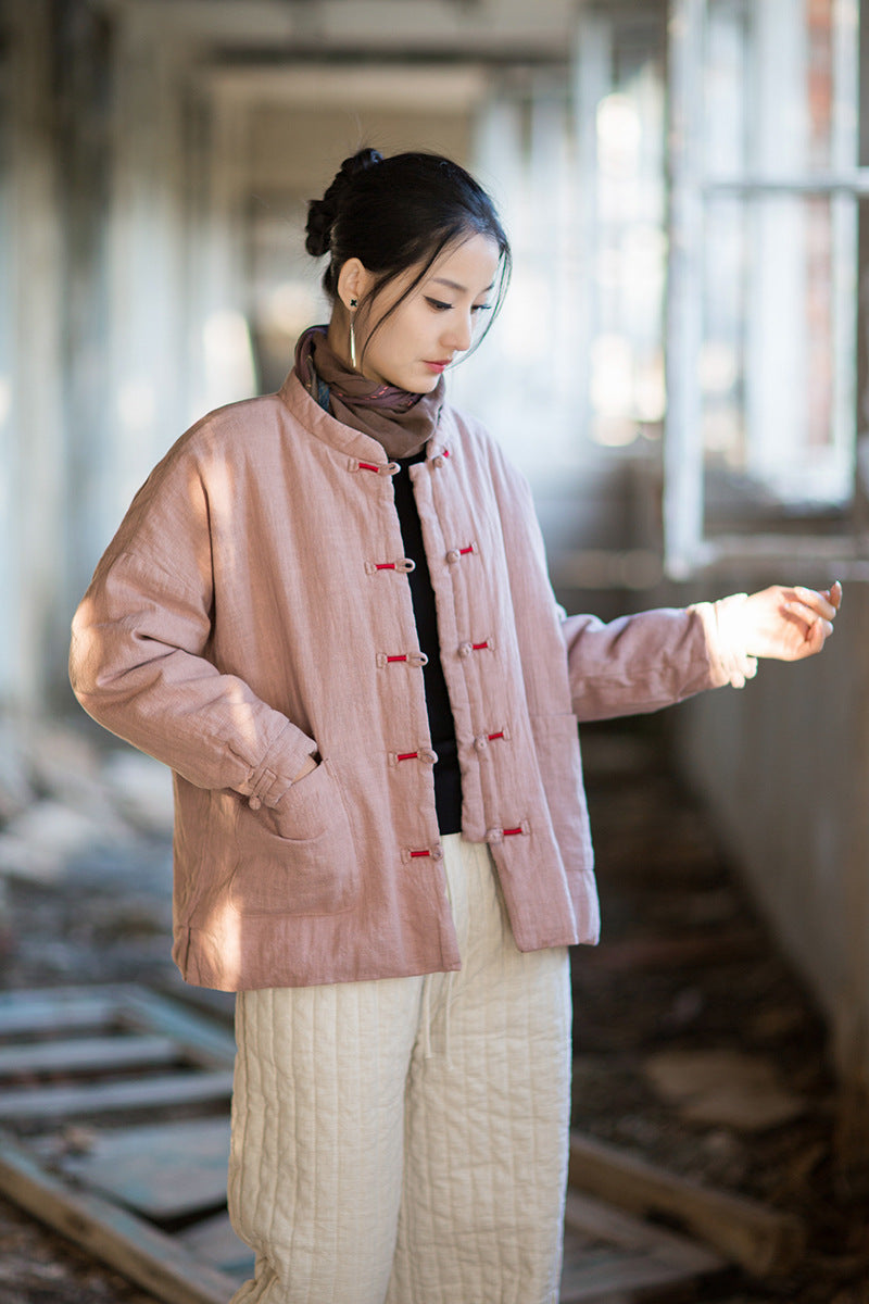 Ramie Cotton Women Quilted Jacket with Pockets & Frog Buttons in Hanfu Style, Chinese style Hanfu 251110w