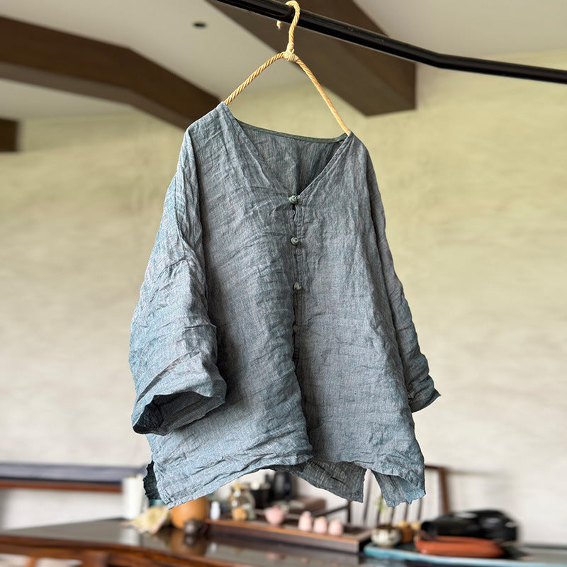 100% Linen Women Shirt with Chinese Traditional Buttons 250803s 4352