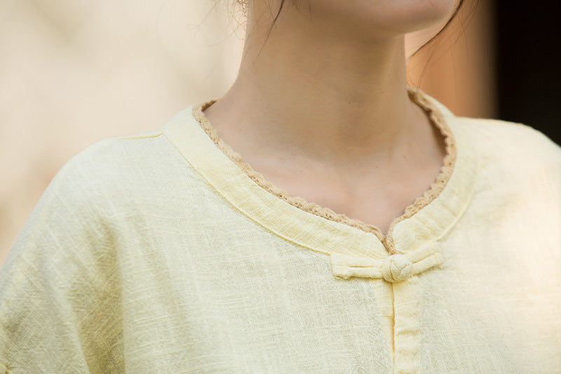 Ramie Linen Women Shirt in Hanfu Style with Diagonal Closure and Frog Buttons 250921a