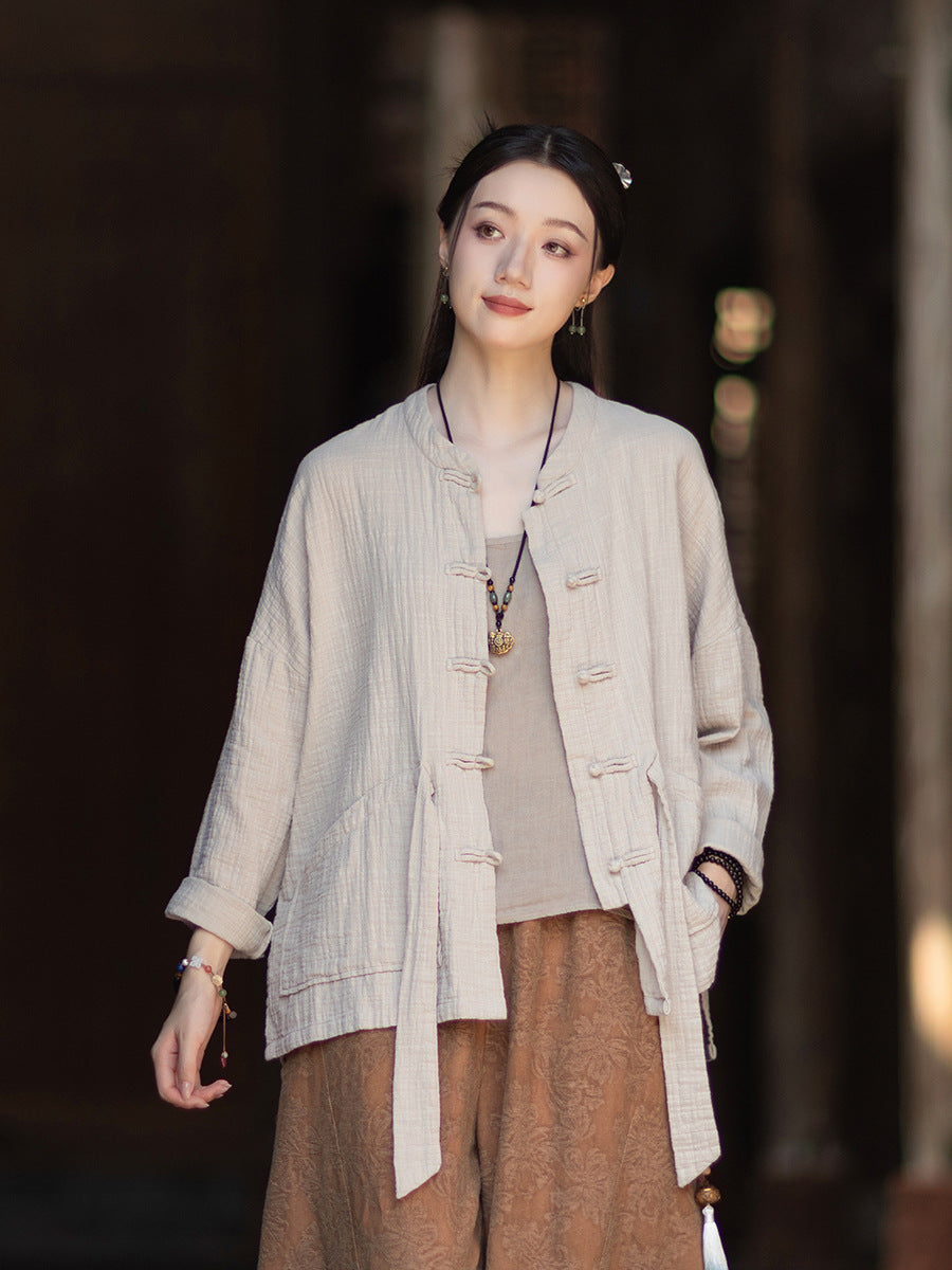 100% Cotton Women Hanfu Shirt with Chinese Traditional Buttons & Pockets 251016w