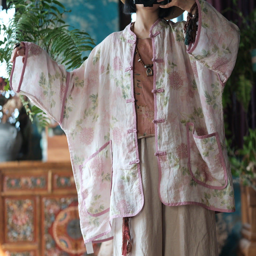 100% Ramie Linen Vintage Chinese Women Long Jacket with Chinese Buttons and Floral Print, linen women Shirt Jacket 241604s