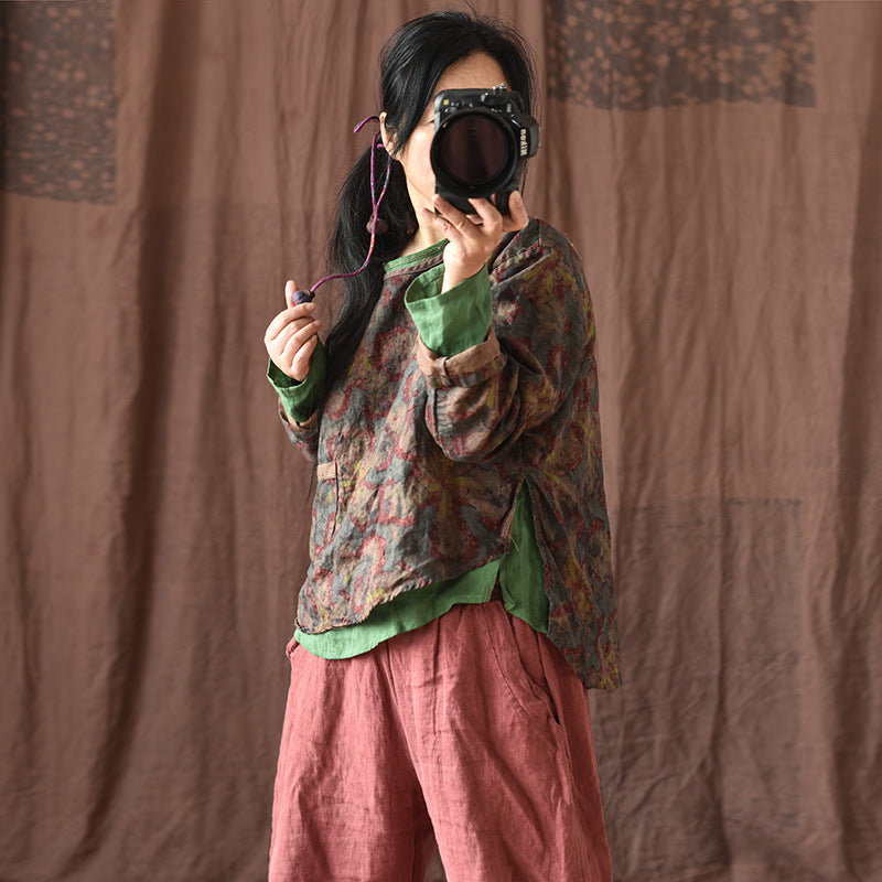 100% Linen Asymmetrical Women Shirt with High-low Hem & Vintage Print 250712s