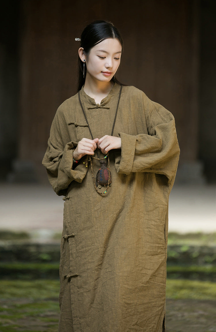 Linen Cotton Women Long Blouse with Pockets and Handwoven Buckle Button, chinese style women blouse linen, Taichi jacket, Tang suit 241003w