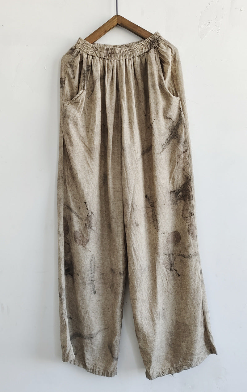 Linen Cotton Women Wide Leg Pants with Plant Tie Dye, linen Culottes women pants 240917a