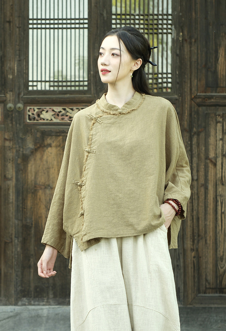 Ramie Linen Women Hanfu Shirt with Chinese Traditional Buttons and Raw Hem 250813s