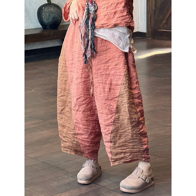 100% Linen Color-blocked Cropped Women Pants with Pockets 250802s 4347