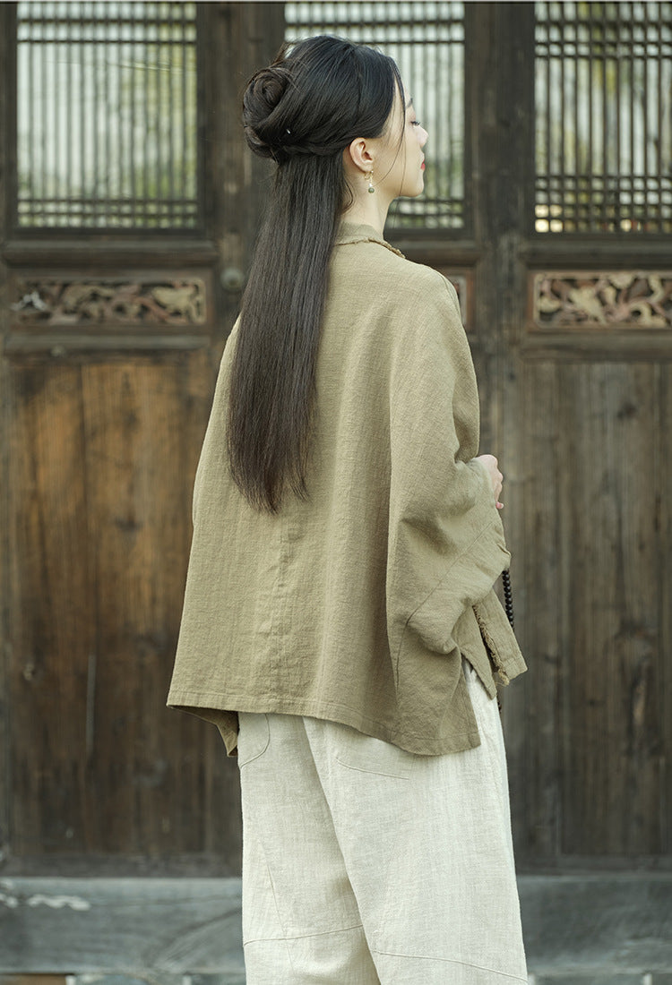 Ramie Linen Women Hanfu Shirt with Chinese Traditional Buttons and Raw Hem 250813s