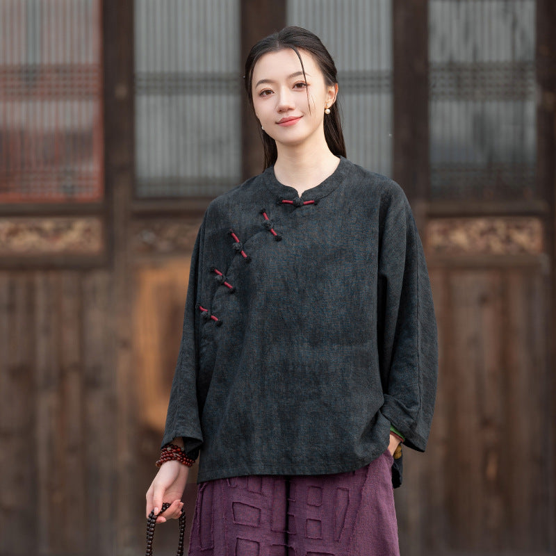 Ramie Linen Women Hanfu Pullover with Color-Block Traditional Buttons 250811s