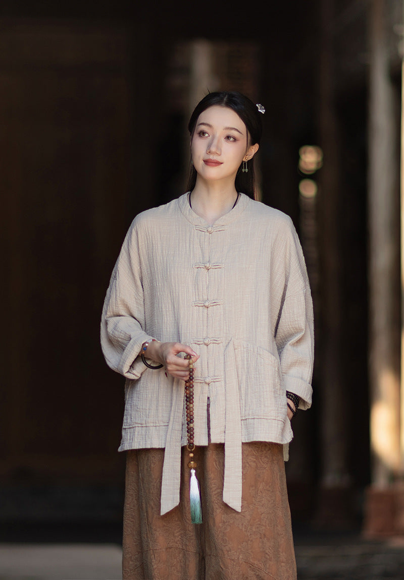 100% Cotton Women Hanfu Shirt with Chinese Traditional Buttons & Pockets 251016w