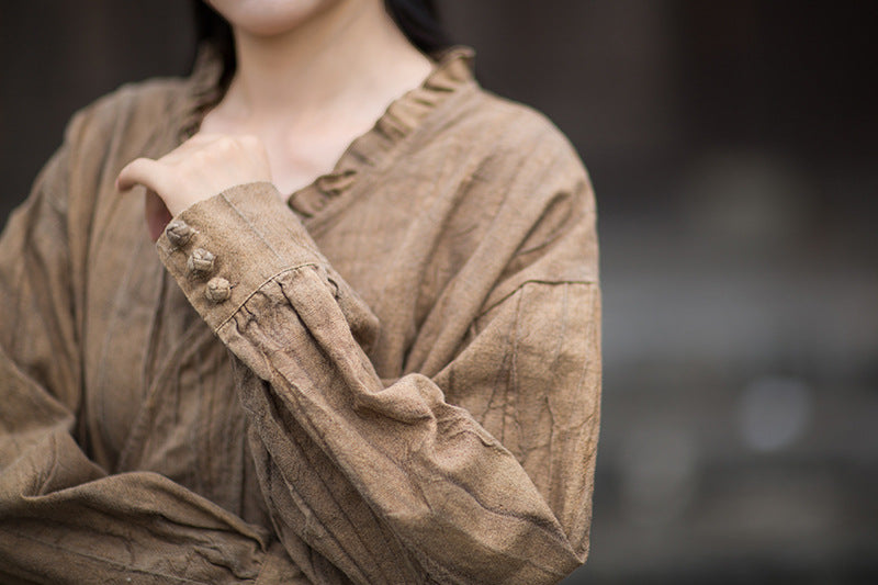 Ramie Linen Women Shirt in Hanfu Style with Ruffled Collar & Diagonal Closure 250922a