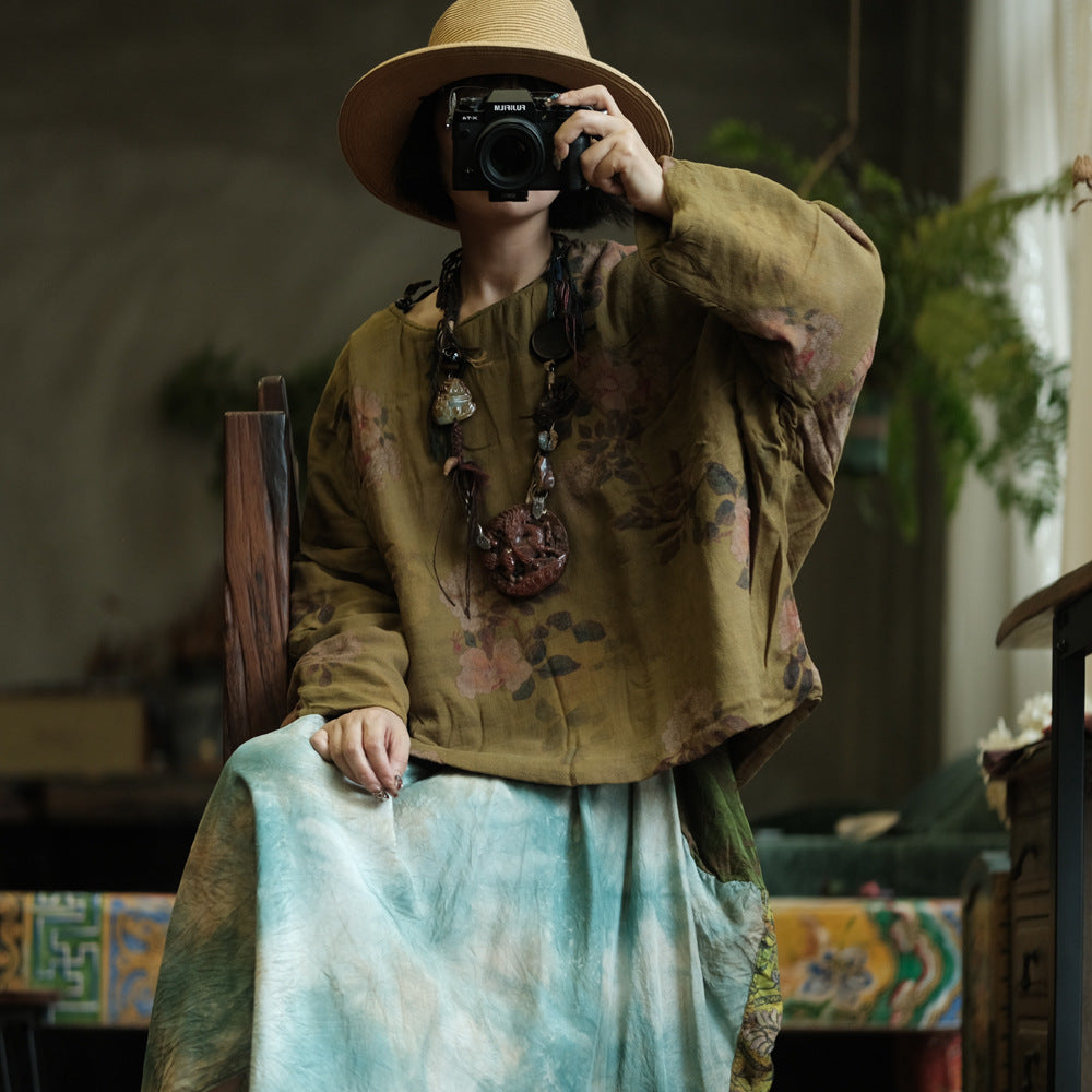 100% Cotton Women Quilted Loose Pullover with Floral Print 250911a 2147