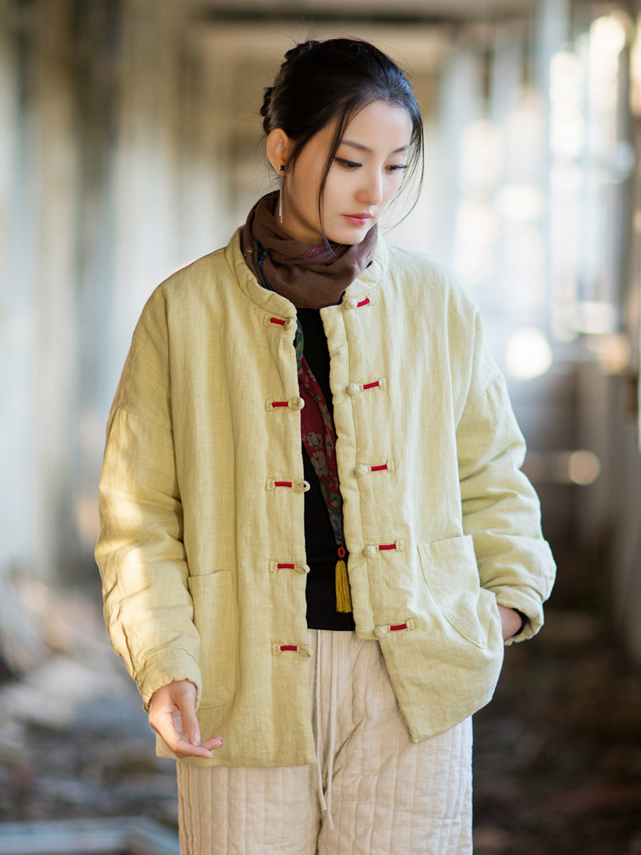 Ramie Cotton Women Quilted Jacket with Pockets & Frog Buttons in Hanfu Style, Chinese style Hanfu 251110w