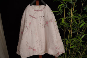 Linen Cotton Women Quilted Chinese Pullover with Vintage Character Print and Traditional Chinese Buttons 2401121w