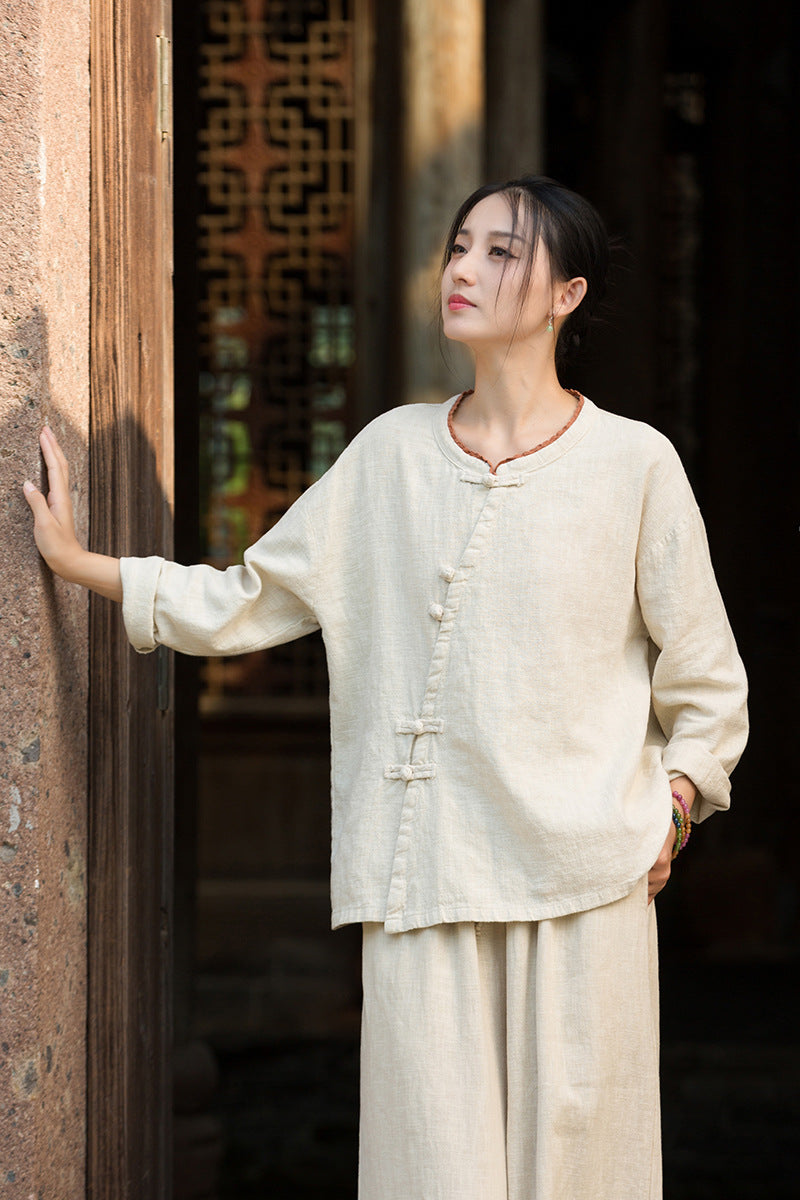 Ramie Linen Women Shirt in Hanfu Style with Diagonal Closure and Frog Buttons 250921a