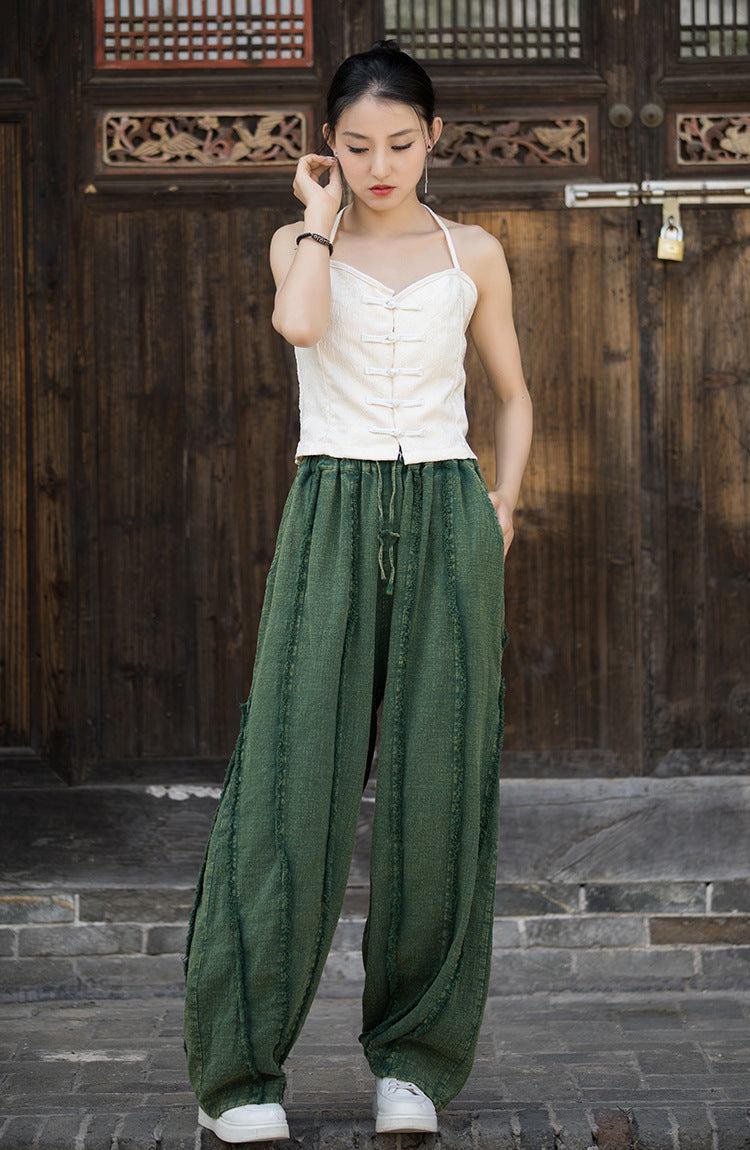 Linen Women Wide Pants with Elastic Waistband and Pocketsfor Tai chi, Wide Leg Pants, linen Culottes women 240719s