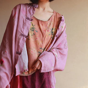 100% Linen Women Top Shirt Set with Vintage Print , Summer Sleeveless Top 222355