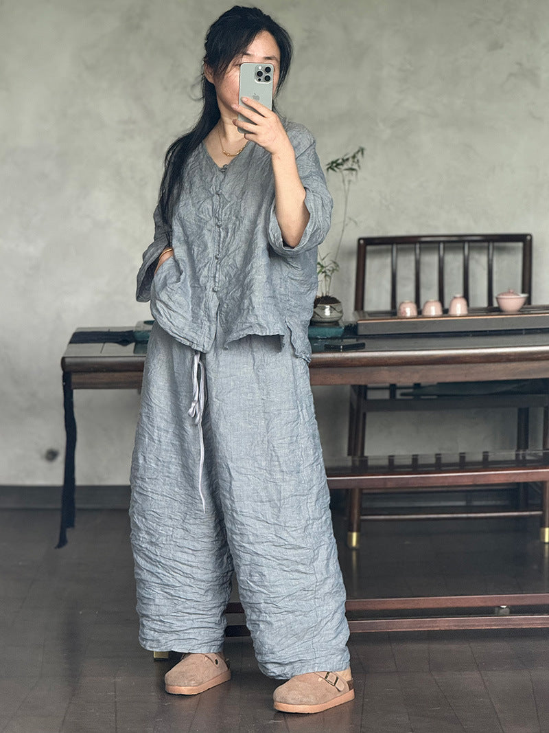 100% Linen Women Shirt with Chinese Traditional Buttons 250803s 4352