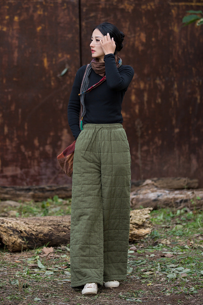 Ramie Linen Cotton Quilted Thick Pants with Pockets & Front Ties, winter women pants 251105w