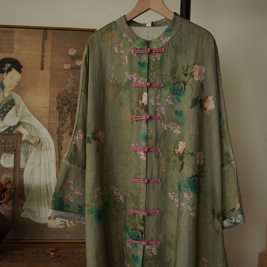 100% Ramie Linen Vintage Chinese Women Long Tunic with Chinese Traditional Buttons and Vintage Floral Print 242205s