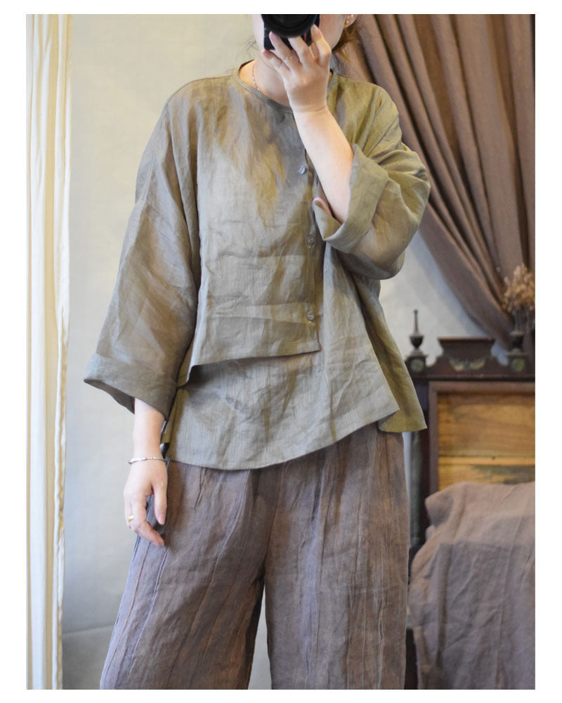 100% Ramie Linen Asymmetric Design Women Tunic with Hanfu Collar, Linen women blouse 231329b