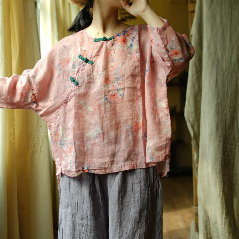 100% Linen Women Tunic with Vintage Pattern and Chinese vintage buttons 231057g