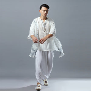 Men Chiffon Irregular Noragi with Chinese Vintage Print, Summer Cardigan 240712s