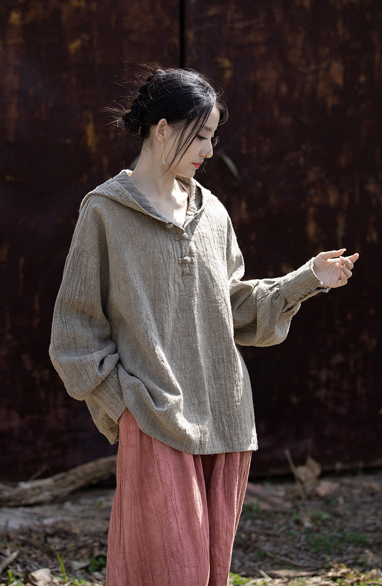 Linen Cotton Women Hoodie Pullover with Handwoven Buckle Buttons, chinese style women blouse linen liziqi, Taichi jacket, Tang suit 240608s