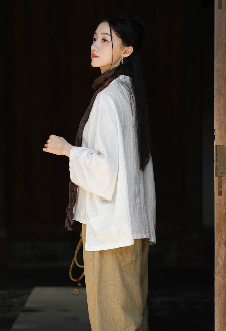 Ramie Linen Women Hanfu Shirt with Chinese Traditional Buttons and Raw Hem 250813s