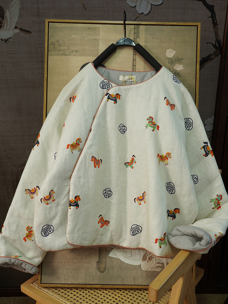 Linen Cotton Women Quilted Chinese Pullover with Vintage Horse Print and Traditional Chinese Buttons 251118w  375020