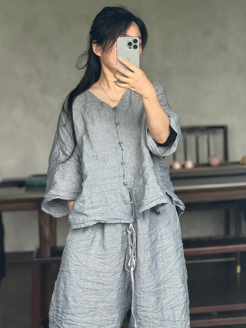 100% Linen Women Shirt with Chinese Traditional Buttons 250803s 4352