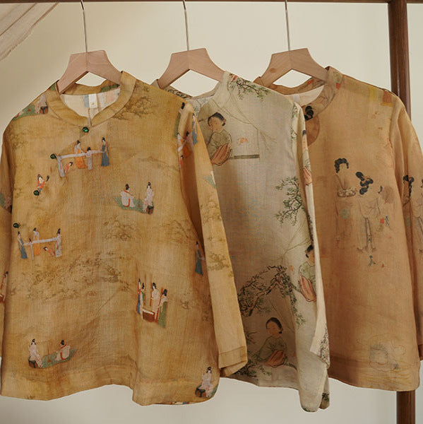 100% Ramie Linen Vintage Chinese Women Shirt with Chinese Traditional Buttons and Vintage Print 240205s