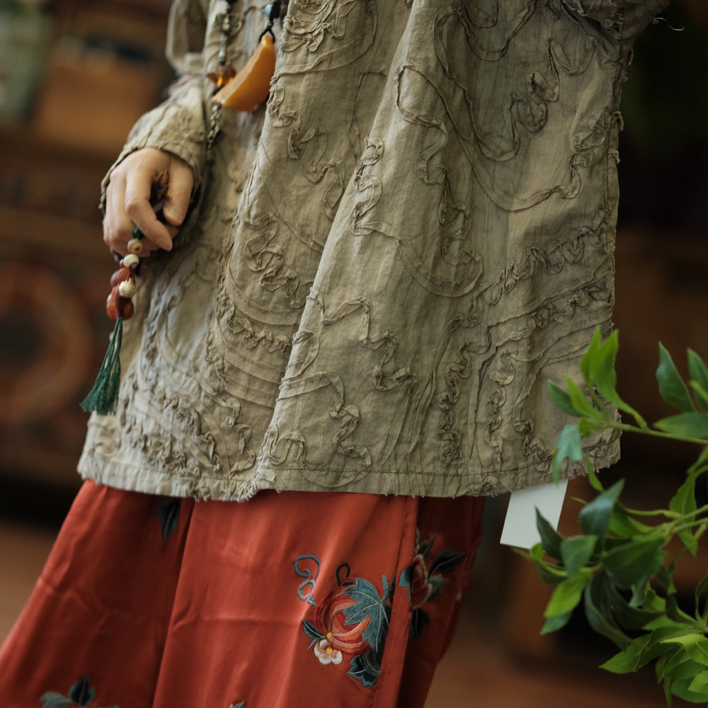 100% Cotton 3D Embroidered Ruffle Blouse Pullover  250403s 2174