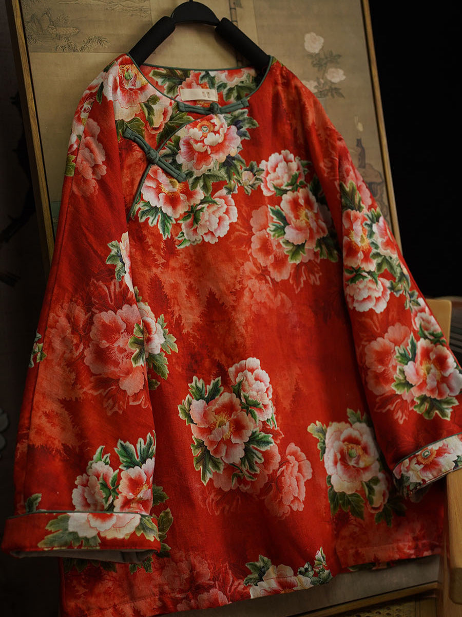 Linen Cotton Winter Women Quilted Jacket in Hanfu Style with Floral Print, Chinese style Hanfu 251024w