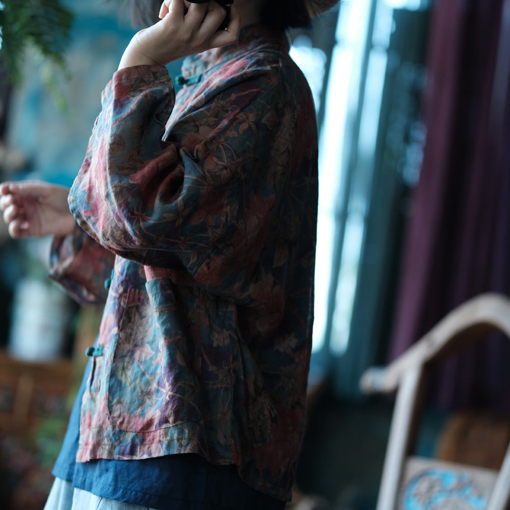 100% Ramie Linen Vintage Chinese Women Jacket with Chinese Traditional Buttons and Vintage Print, linen women Shirt Jacket 240703s