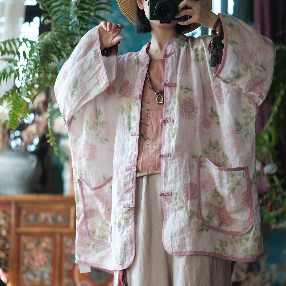 100% Ramie Linen Vintage Chinese Women Long Jacket with Chinese Buttons and Floral Print, linen women Shirt Jacket 241604s