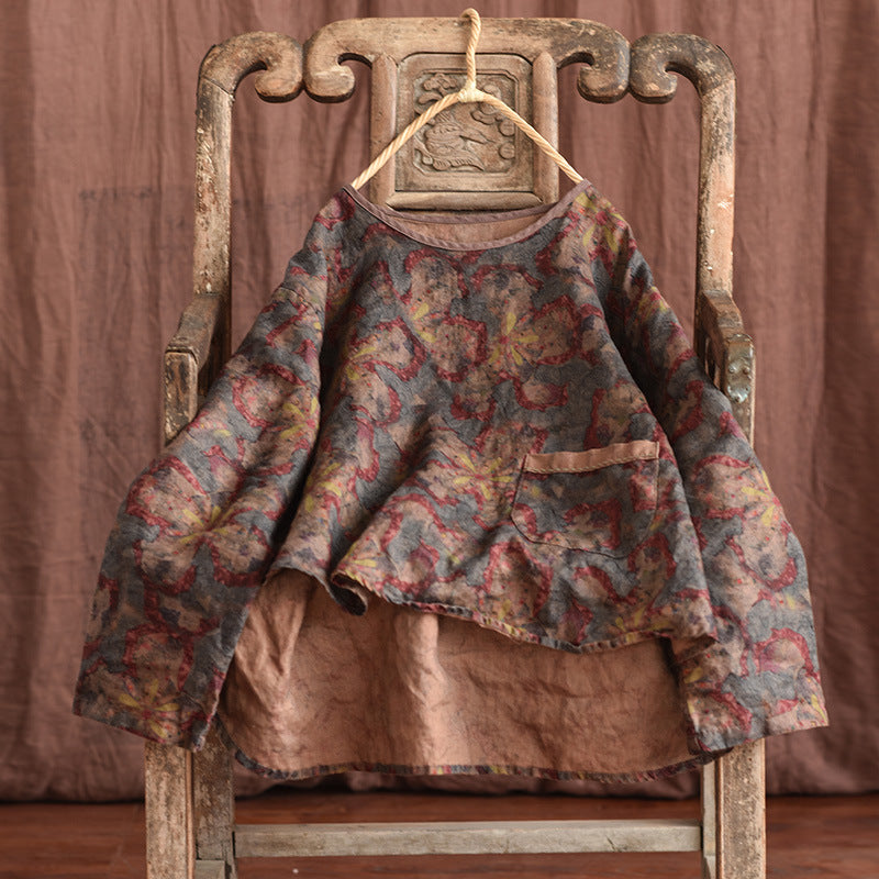 100% Linen Asymmetrical Women Shirt with High-low Hem & Vintage Print 250712s