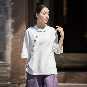 Linen Cotton Women Blouse with Handwoven Buckle Button, chinese style women blouse linen liziqi, Taichi jacket, Tang suit  240721s