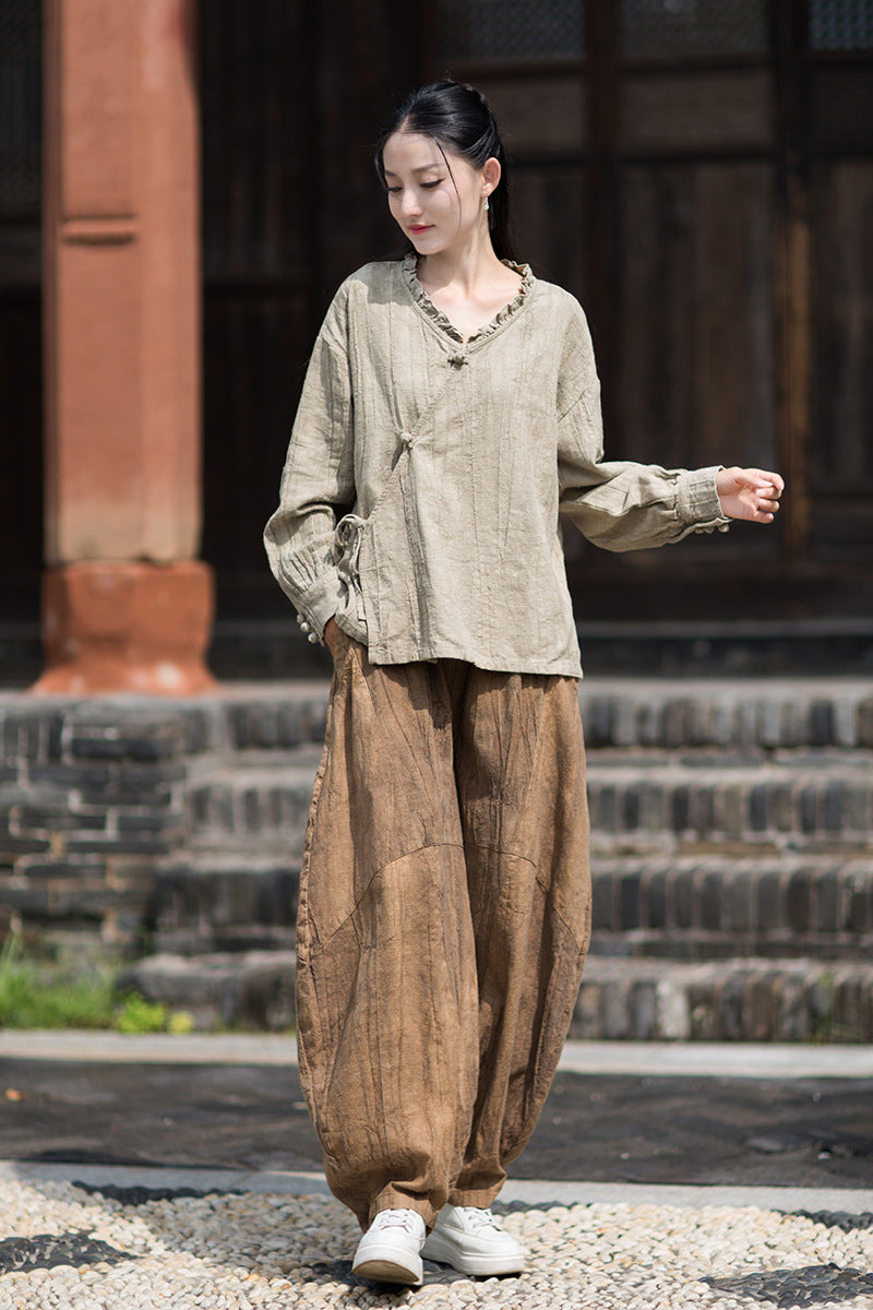 Ramie Linen Women Shirt in Hanfu Style with Ruffled Collar & Diagonal Closure 250922a