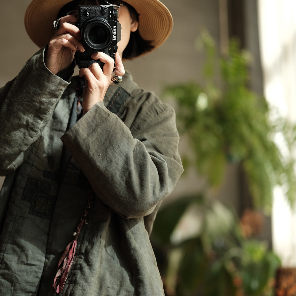 100% Linen Women Quilted Jacket with Front Tie in Hanfu Style, Chinese style Hanfu 250908a