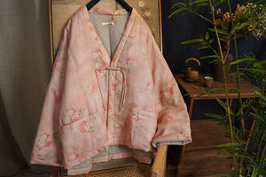 Linen Cotton Women Quilted Chinese Kimono Jacket with Floral Print in Kimono Style 240113w