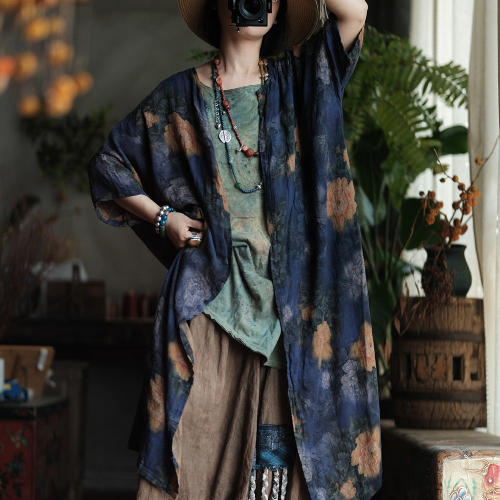 100% Cotton Women Long Blouse with Floral Print and Long Sleeves, summer women blouse 250607s 1959