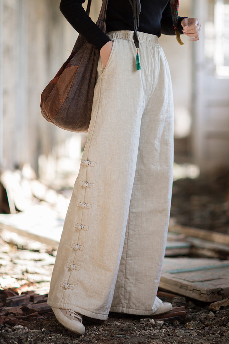 Ramie Linen Cotton Quilted Thick Pants with Pockets & Frog Buttons Design, winter women pants 251102w