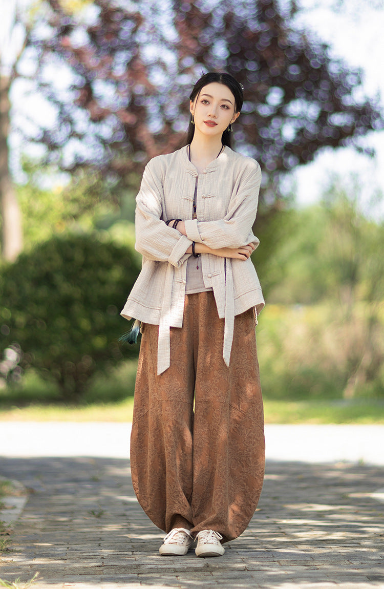 100% Cotton Women Hanfu Shirt with Chinese Traditional Buttons & Pockets 251016w